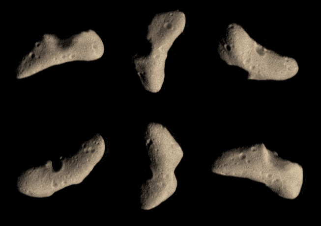 [ Seis diferentes visões do asteroide Eros captadas pela NEAR-Shoemaker - Créditos: NASA/JPL/JHUAPL ]