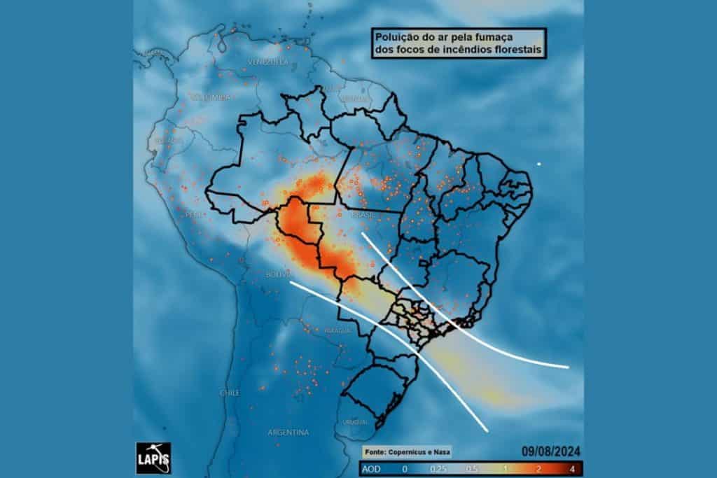 Mapa mostra concentração de fumaça das queimadas