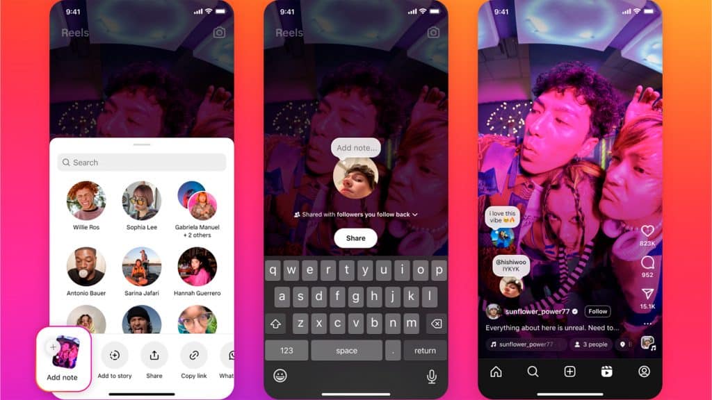 Montagem com capturas de tela de Notas do Instagram sendo postadas como comentários em Reels e posts do feed