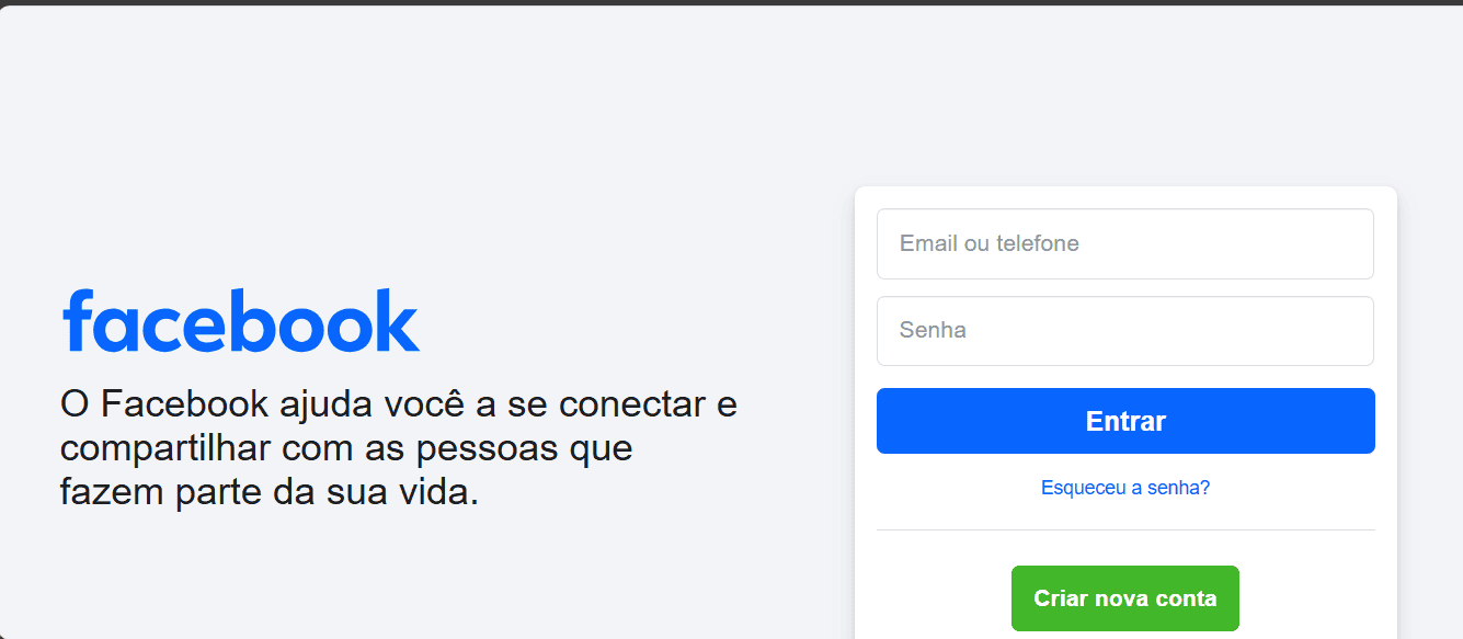página inicial do site do facebook para fazer login