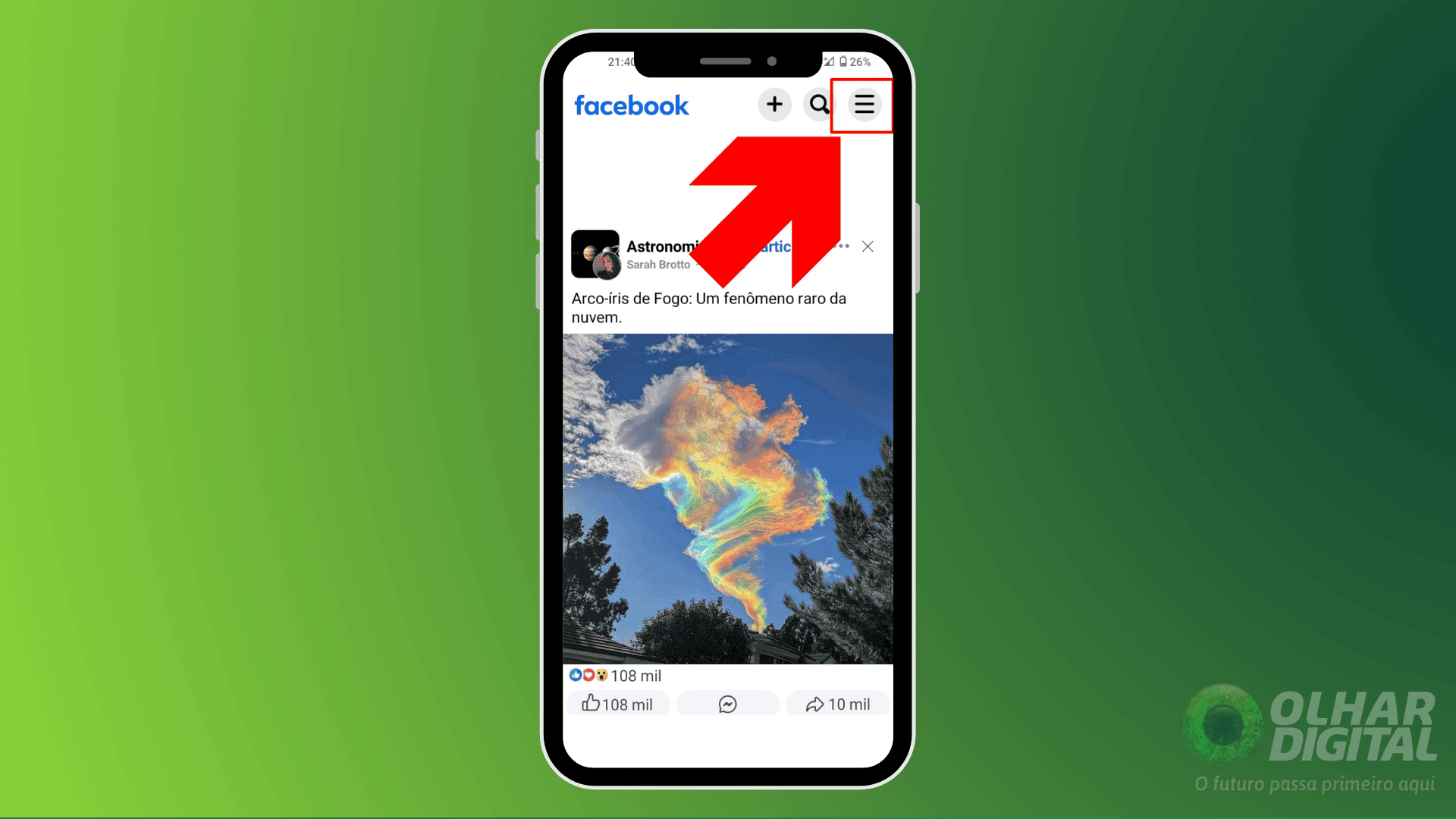imagem mostra página inicial do facebook em celular android