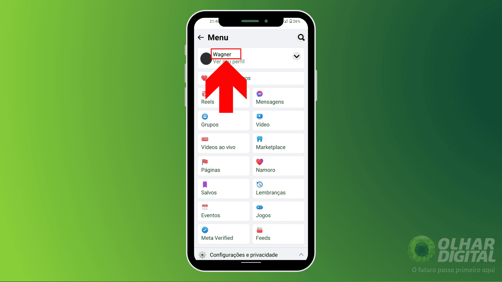 imagem mostra botão para acessar o perfil do facebook