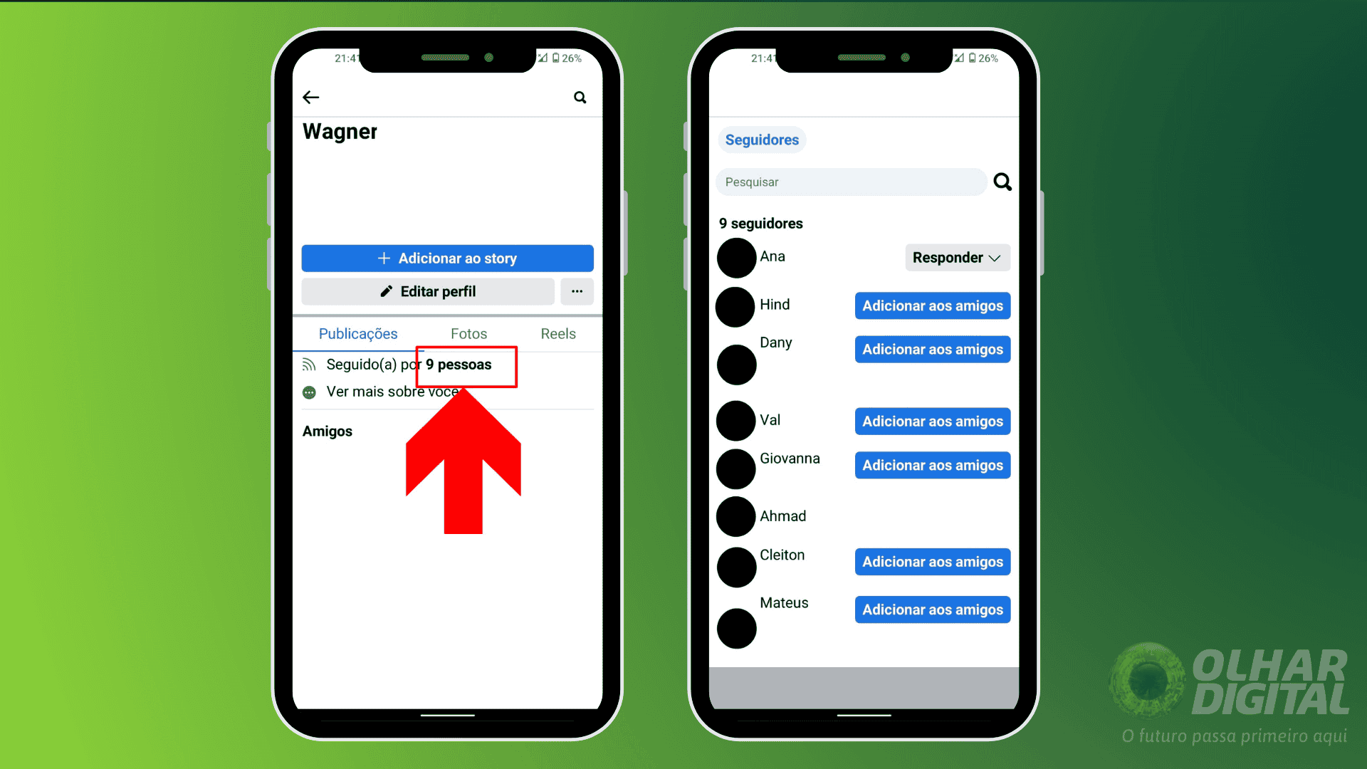 imagem mostra botão, em um perfil do facebook, para verificar quem segue você