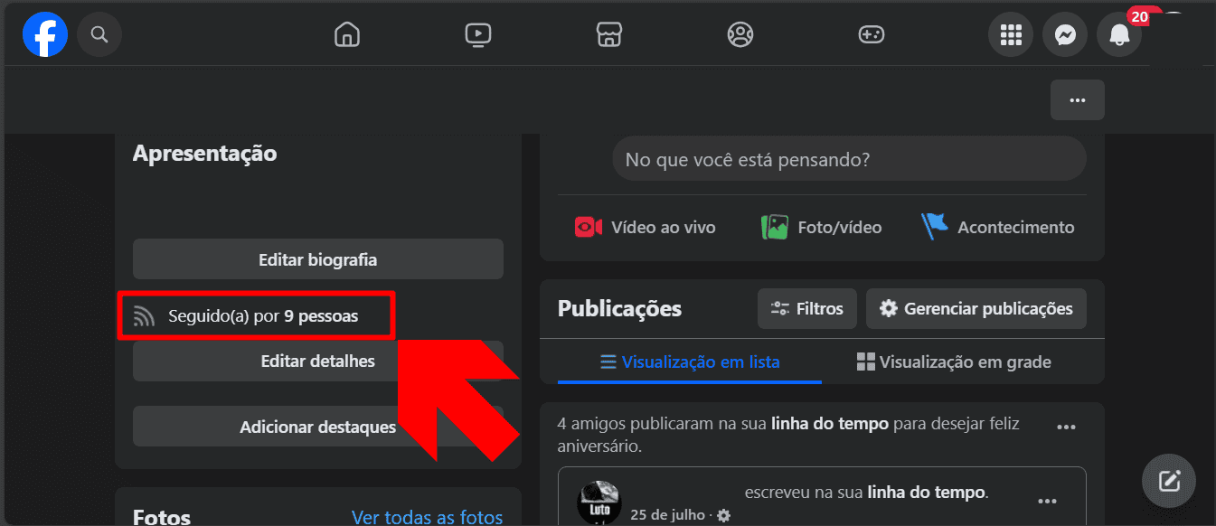imagem mostra o botão de seguidores em um perfil do facebook