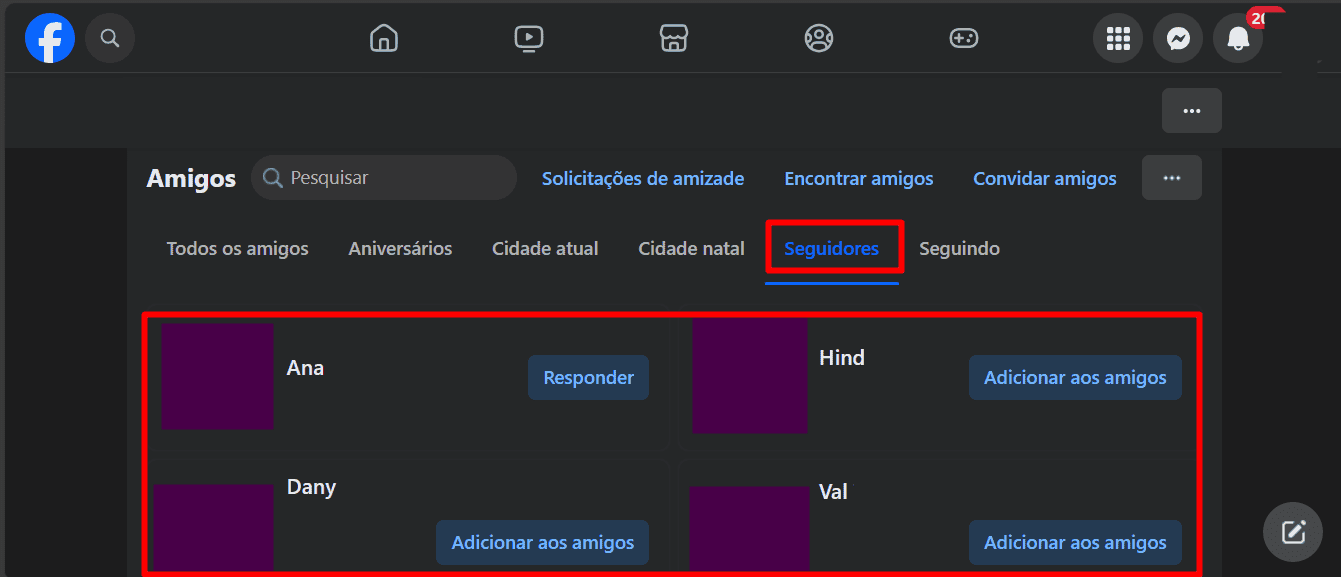 imagem mostra os seguidores de um perfil do facebook