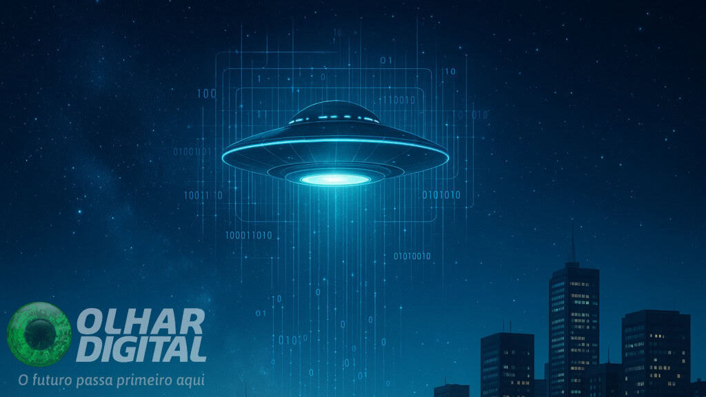 Um céu noturno estrelado sobre uma cidade moderna, com um OVNI brilhante flutuando silenciosamente e linhas digitais de dados sobrepondo a cena, representando IA analisando o objeto