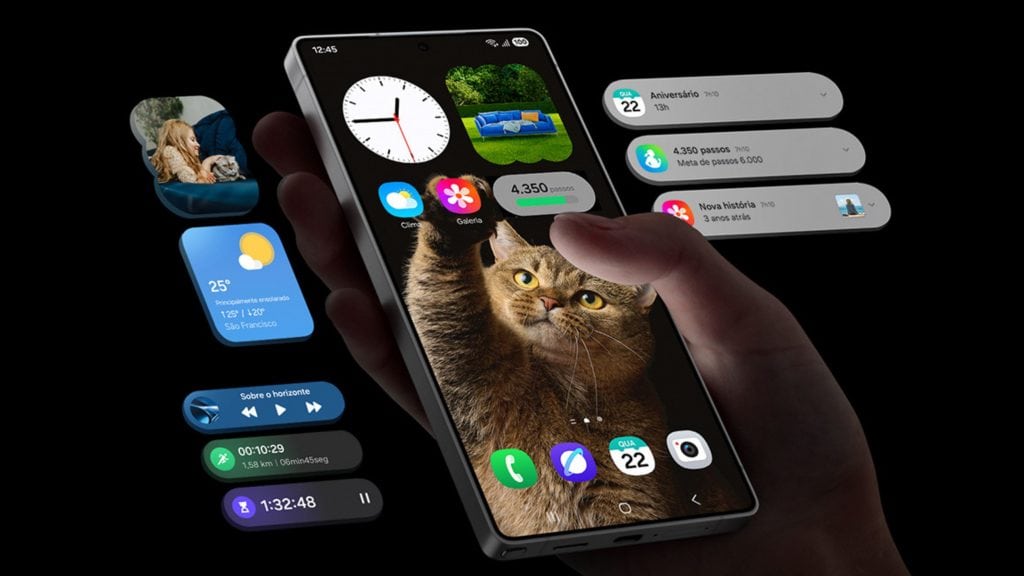 Montagem com pessoa usando Galaxy S25 Ultra enquanto recursos do One UI 7 flutuam ao redor